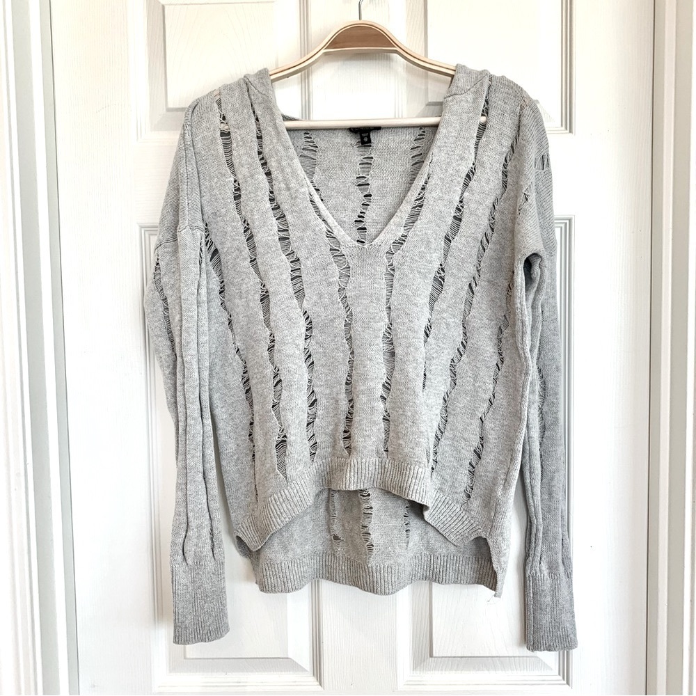 Light Grey Open-Knit V-Neck Lightweight Hooded Pullover Sweater